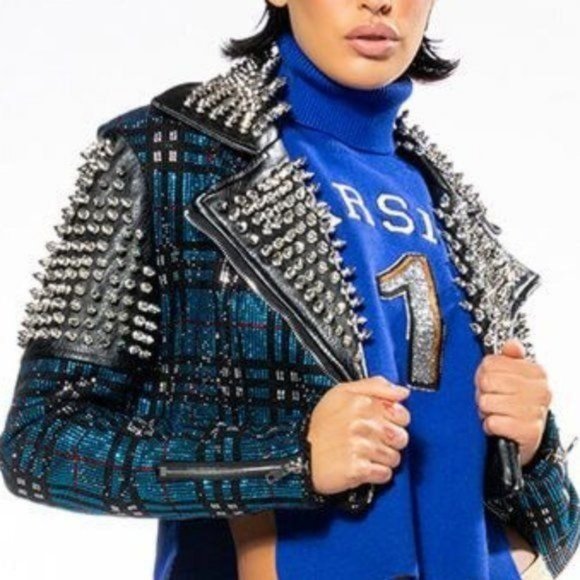 Callie Berry Bling: Teal Plaid Rhinestone Silver Studded Black Moto Jacket - Picture 6 of 12